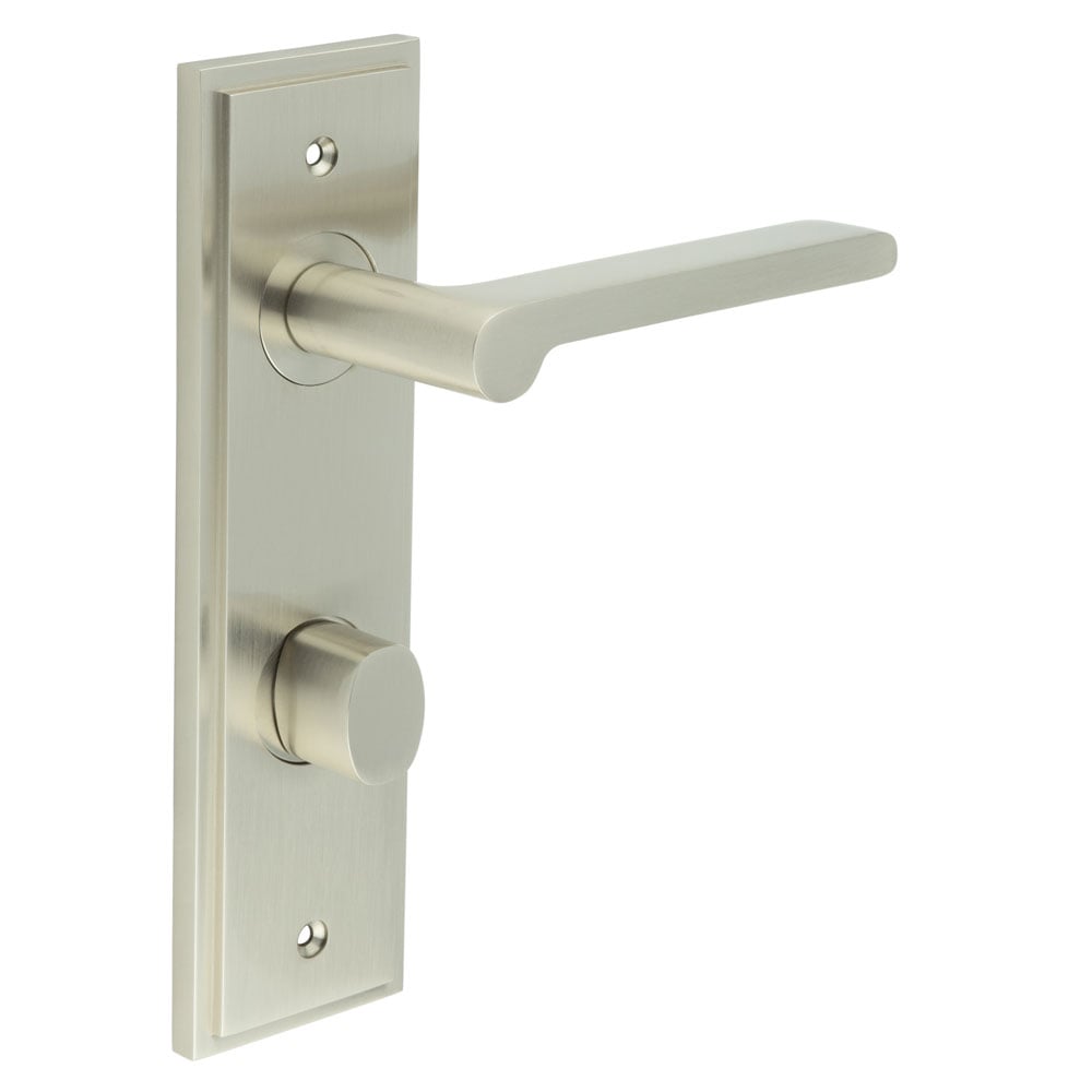 Frelan Hardware Door Furniture Satin Nickel / Bathroom Lock Handles Frelan - Fitzrovia Door Handle Din Bathroom Backplate Satin Nickel & Turn & Release