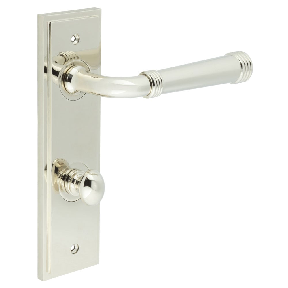 Frelan Hardware Door Furniture Polished Nickel / Bathroom Lock Handles Frelan - Highgate Door Handle Din Bathroom Backplate Polished Nickel & Turn & Release