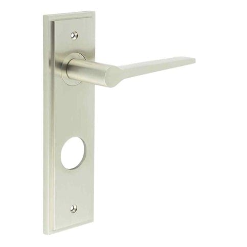 Frelan Hardware Door Furniture Satin Nickel / Bathroom Lock Handles Frelan - Knightbridge Door Handle Din Bathroom Backplate Satin Nickel