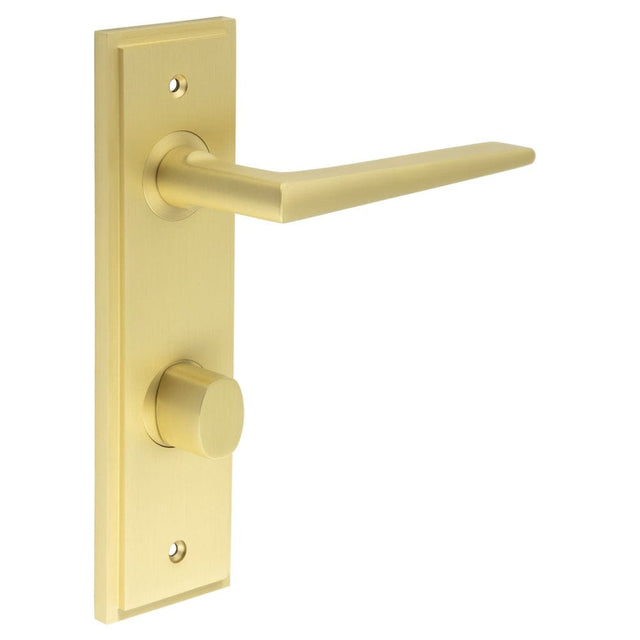 Frelan Hardware Door Furniture Satin Brass / Bathroom Lock Handles Frelan - Mayfair Door Handle Din Bathroom Backplate Satin Brass & Turn & Release