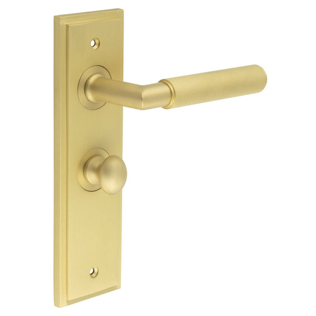 Frelan Hardware Door Furniture Satin Brass / Bathroom Lock Handles Frelan - Piccadilly Door Handle Bathroom Backplate Satin Brass & Turn & Release