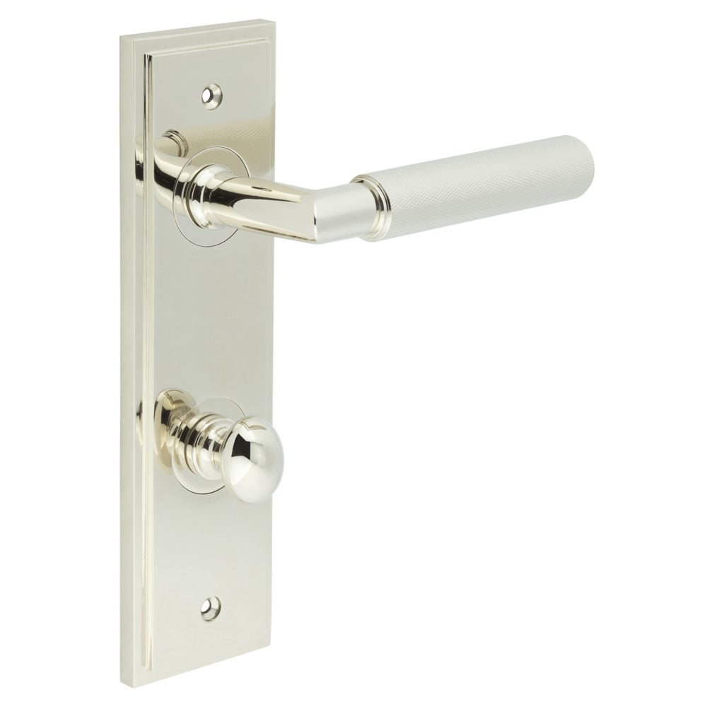 Frelan Hardware Door Furniture Polished Nickel / Bathroom Lock Handles Frelan - Piccadilly Door Handle Bathroom Din Backplate Polished Nickel & Turn & Release