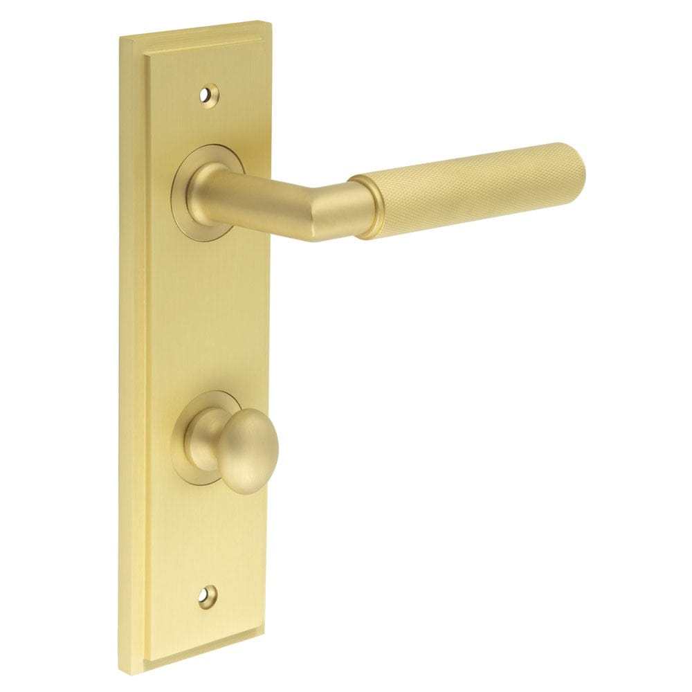 Frelan Hardware Door Furniture Satin Brass / Bathroom Lock Handles Frelan - Piccadilly Door Handle Bathroom Din Backplate Satin Brass & Turn & Release