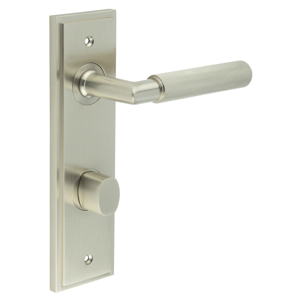 Frelan Hardware Door Furniture Satin Nickel / Bathroom Lock Handles Frelan - Piccadilly Door Handle Din Bathroom Backplate Satin Nickel & Turn & Release