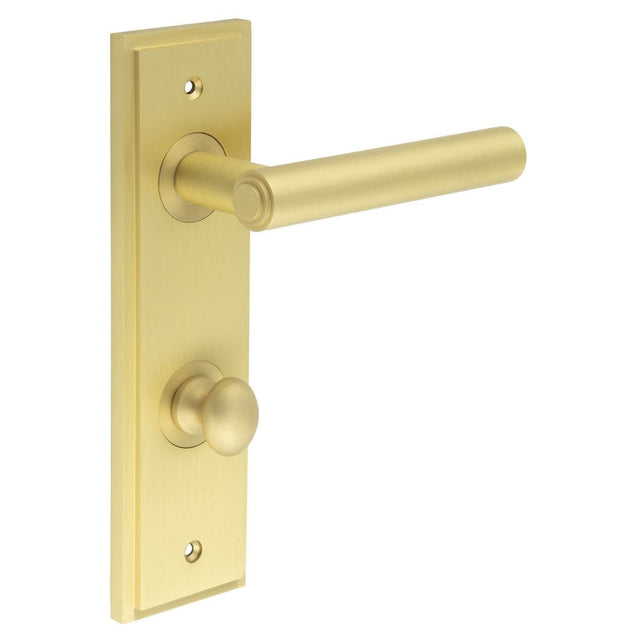 Frelan Hardware Door Furniture Satin Brass / Bathroom Lock Handles Frelan - Richmond Door Handle Din Bathroom Backplate Satin Brass & Turn & Release
