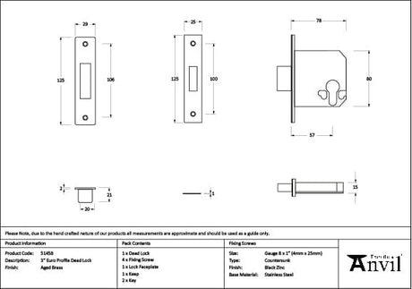 From The Anvil Locks & Latches Aged Brass / Euro Profile Deadlocks / 3" / 76mm From The Anvil - Aged Brass 3" Euro Profile Dead Lock