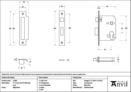 From The Anvil Locks & Latches Aged Brass / DIN Euro Sash Lock / 3" / 76mm From The Anvil - Aged Brass 3" Euro Profile Sash Lock