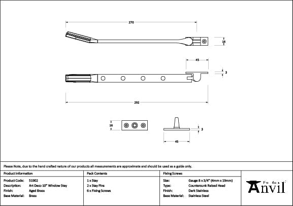 From The Anvil Window Furniture Aged Brass / 10"/250mm From The Anvil - Aged Brass Art Deco 10" Stay