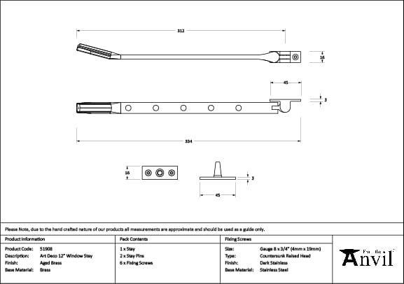 From The Anvil Window Furniture Aged Brass / 12"/300mm From The Anvil - Aged Brass Art Deco 12" Stay