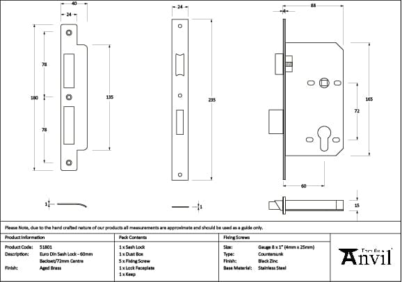 From The Anvil Locks & Latches Aged Brass / DIN Euro Sash Lock / 2.5" / 65mm From The Anvil - Aged Brass Euro Din Sash Lock - 60mm Backset/72mm Centre