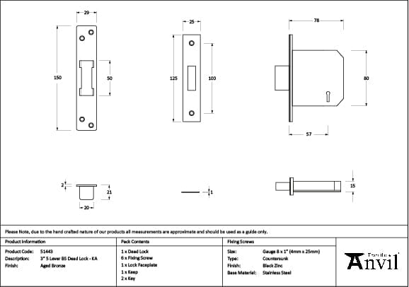 From The Anvil Locks & Latches Aged Bronze / 5 Lever Deadlocks / 3" / 76mm From The Anvil - Aged Bronze 3" 5 Lever BS Dead Lock KA