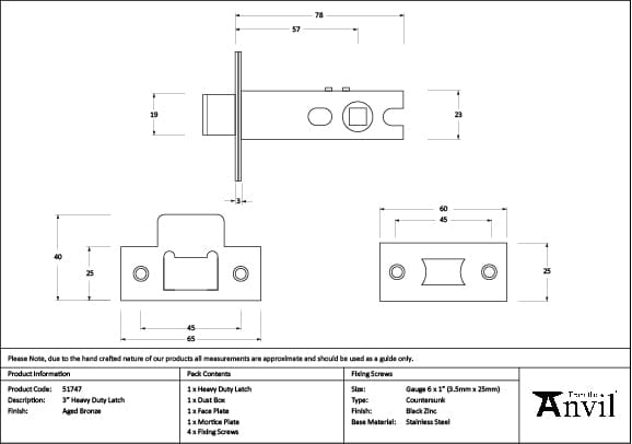 From The Anvil Locks & Latches Aged Bronze / Tubular Mortice Latch / 3" From The Anvil - Aged Bronze 3" Heavy Duty Latch