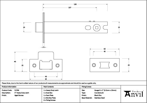 From The Anvil Locks & Latches Aged Bronze / Tubular Mortice Latch / 5" From The Anvil - Aged Bronze 5" Heavy Duty Latch
