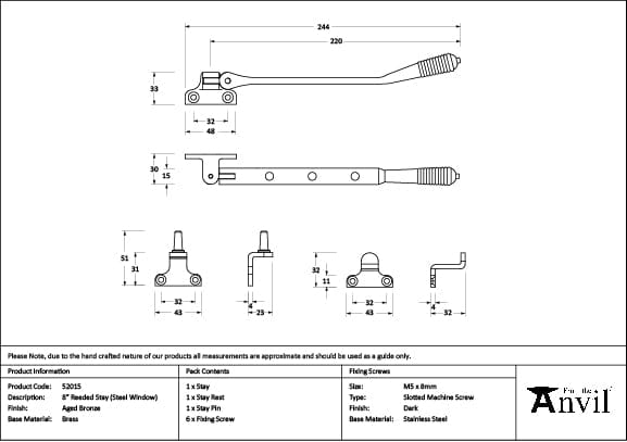 From The Anvil Window Furniture Aged Bronze / 8"/200mm From The Anvil - Aged Bronze 8" Reeded Stay (Steel Window)