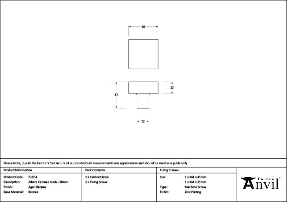 From The Anvil Cabinet Hardware Aged Bronze / Cabinet Knobs / 30mm Dia. From The Anvil - Aged Bronze Albers Cabinet Knob - 30mm