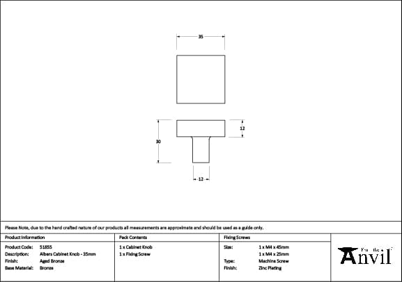 From The Anvil Cabinet Hardware Aged Bronze / Cabinet Knobs / 35mm Dia. From The Anvil - Aged Bronze Albers Cabinet Knob - 35mm