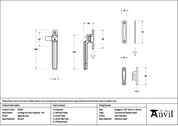 From The Anvil Window Furniture Aged Bronze / Yes / Mortice & Hook Place From The Anvil - Aged Bronze Locking Art Deco Fastener - RH