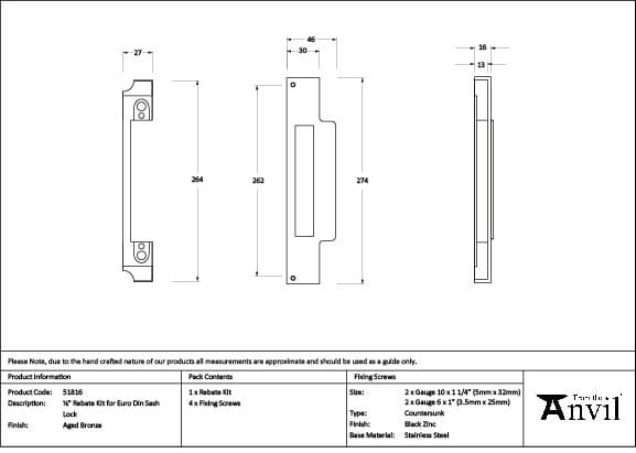 From The Anvil Locks & Latches Aged Bronze / DIN Rebate Kit From The Anvil - Aged Bronze Rebate Kit for Euro Din Sash Lock