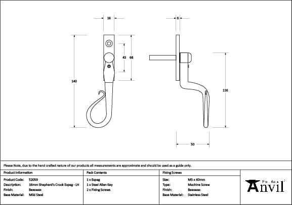 From The Anvil Window Furniture Beeswax / Left Hand / Yes From The Anvil - Beeswax 16mm Shepherd's Crook Espag - LH