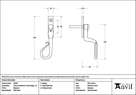 From The Anvil Window Furniture Beeswax / Left Hand / Yes From The Anvil - Beeswax 16mm Shepherd's Crook Espag - LH