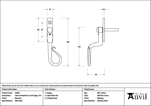 From The Anvil Window Furniture Beeswax / Right Hand / Yes From The Anvil - Beeswax 16mm Shepherd's Crook Espag - RH