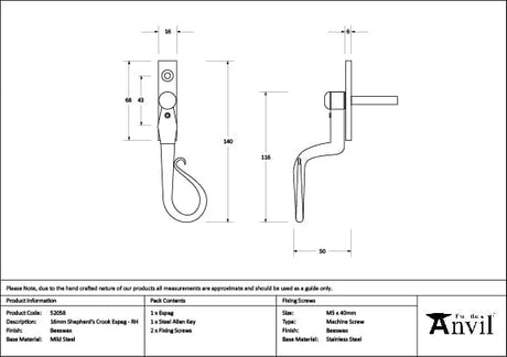 From The Anvil Window Furniture Beeswax / Right Hand / Yes From The Anvil - Beeswax 16mm Shepherd's Crook Espag - RH