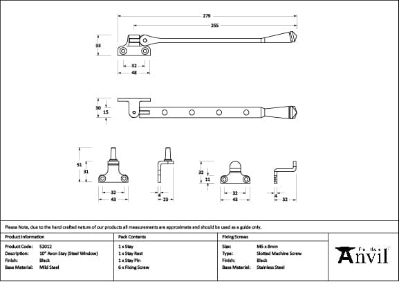 From The Anvil Window Furniture Black / 10"/250mm From The Anvil - Black 10" Avon Stay (Steel Window)