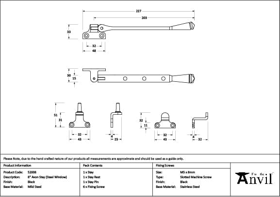 From The Anvil Window Furniture Black / 8"/200mm From The Anvil - Black 8" Avon Stay (Steel Window)