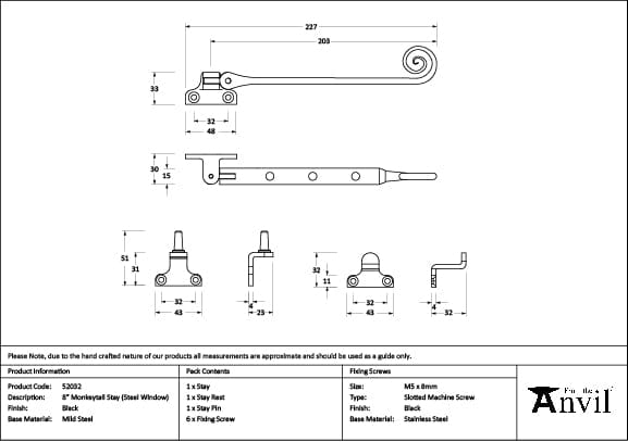 From The Anvil Window Furniture Black / 8"/200mm From The Anvil - Black 8" Monkeytail Stay (Steel Window)