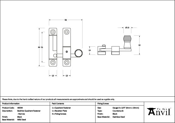 From The Anvil Window Furniture Black / Sash Window Quadrant Fasteners / Yes From The Anvil - Black Beehive Quadrant Fastener - Narrow