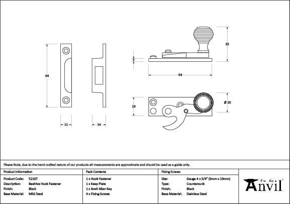 From The Anvil Window Furniture Black / Sash Window Hook Fasteners / Yes From The Anvil - Black Beehive Sash Hook Fastener