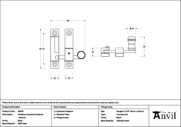 From The Anvil Window Furniture Black / Sash Window Quadrant Fasteners / Yes From The Anvil - Black Prestbury Quadrant Fastener - Narrow