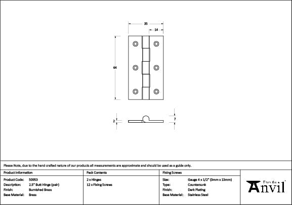 From The Anvil Hinges Burnished Brass / Butt Hinges / 2.5" (64mm) From The Anvil - Burnished Brass 2.5" Butt Hinge (pair)