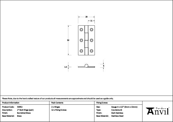 From The Anvil Hinges Burnished Brass / Butt Hinges / 2" (51mm) From The Anvil - Burnished Brass 2" Butt Hinge (pair)