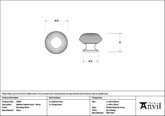 From The Anvil Cabinet Hardware Burnished Brass / Cabinet Knobs / 40mm Dia. From The Anvil - Burnished Brass Beehive Cabinet Knob 40mm