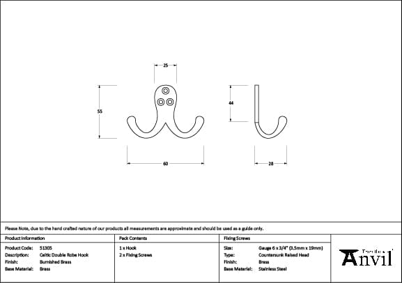 From The Anvil Accessories Burnished Brass / Double Coat Hooks From The Anvil - Burnished Brass Celtic Double Robe Hook