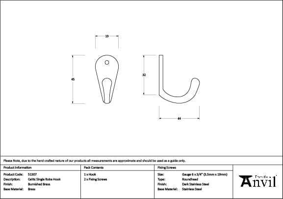 From The Anvil Accessories Burnished Brass / Double Coat Hooks From The Anvil - Burnished Brass Celtic Single Robe Hook