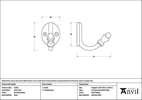 From The Anvil Accessories Burnished Brass / Single Coat Hooks From The Anvil - Burnished Brass Coat Hook