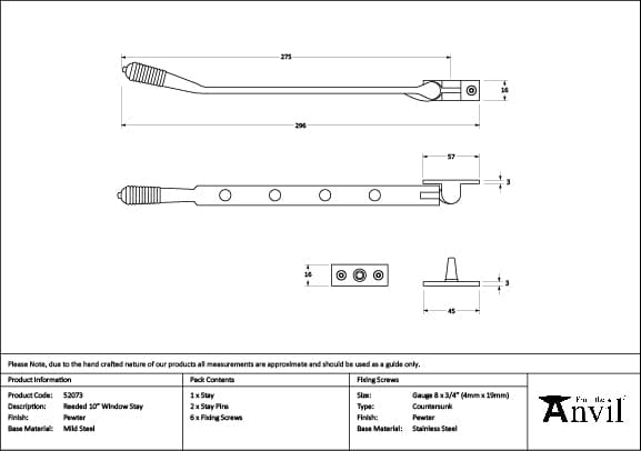 From The Anvil Window Furniture Pewter Patina / 10"/250mm From The Anvil - Pewter 10" Reeded Stay