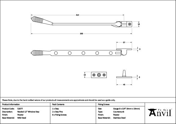 From The Anvil Window Furniture Pewter Patina / 12"/300mm From The Anvil - Pewter 12" Reeded Stay