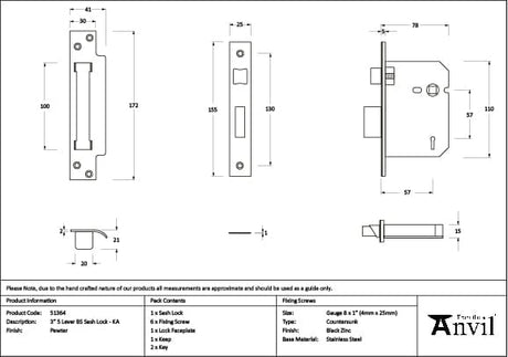From The Anvil Locks & Latches Pewter Patina / 5 Lever Sashlocks / 3" / 76mm From The Anvil - Pewter 3" 5 Lever BS Sash Lock KA