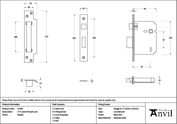 From The Anvil Locks & Latches Pewter Patina / 5 Lever Sashlocks / 3" / 76mm From The Anvil - Pewter 3" 5 Lever BS Sash Lock