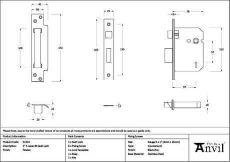 From The Anvil Locks & Latches Pewter Patina / 5 Lever Sashlocks / 3" / 76mm From The Anvil - Pewter 3" 5 Lever BS Sash Lock