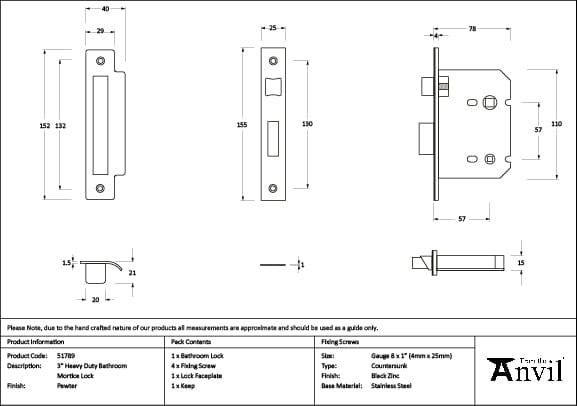 From The Anvil Locks & Latches Pewter Patina / Bathroom Lock / 3" / 76mm From The Anvil - Pewter 3" Heavy Duty Bathroom Mortice Lock