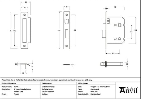 From The Anvil Locks & Latches Pewter Patina / Bathroom Lock / 3" / 76mm From The Anvil - Pewter 3" Heavy Duty Bathroom Mortice Lock