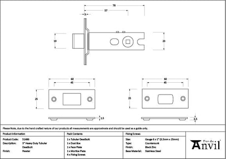 From The Anvil Locks & Latches Pewter Patina / Tubular Dead Bolts / 3" / 76mm From The Anvil - Pewter 3" Heavy Duty Tubular Deadbolt