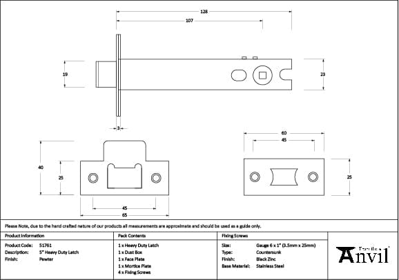 From The Anvil Locks & Latches Pewter Patina / Tubular Mortice Latch / 5" From The Anvil - Pewter 5" Heavy Duty Latch