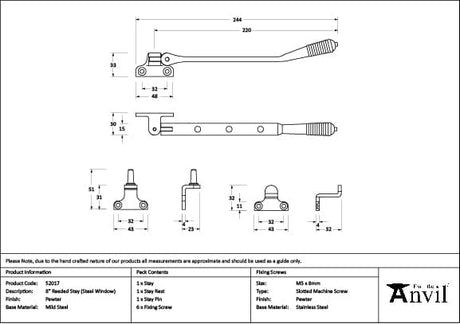 From The Anvil Window Furniture Pewter Patina / 8"/200mm From The Anvil - Pewter 8" Reeded Stay (Steel Window)