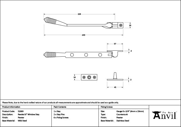 From The Anvil Window Furniture Pewter Patina / 8"/200mm From The Anvil - Pewter 8" Reeded Stay
