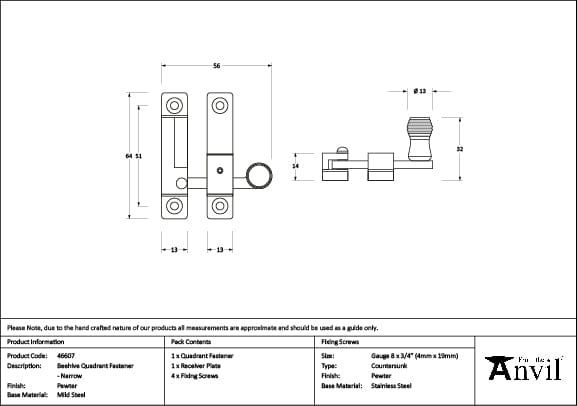 From The Anvil Window Furniture Pewter Patina / Sash Window Quadrant Fasteners / Yes From The Anvil - Pewter Beehive Quadrant Fastener - Narrow